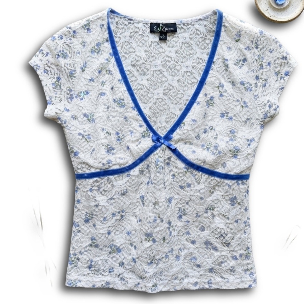 Self Esteem Vintage Y2K Lace Top Blue Velvet Trim Floral V-Neck Small
